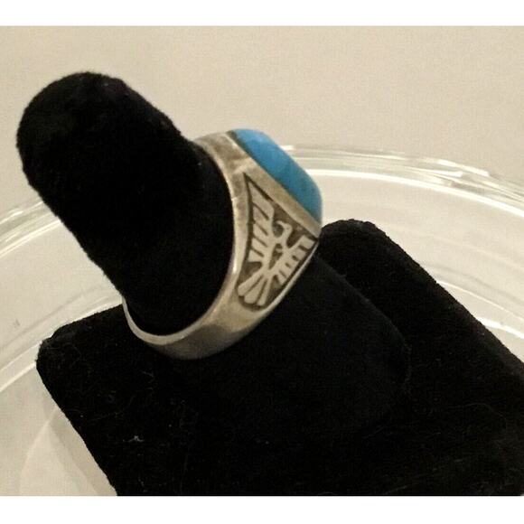 Fred Harvey Era Navajo Double Thunderbird Sterling Turquoise Ring Sz 6.75 - Picture 4 of 10